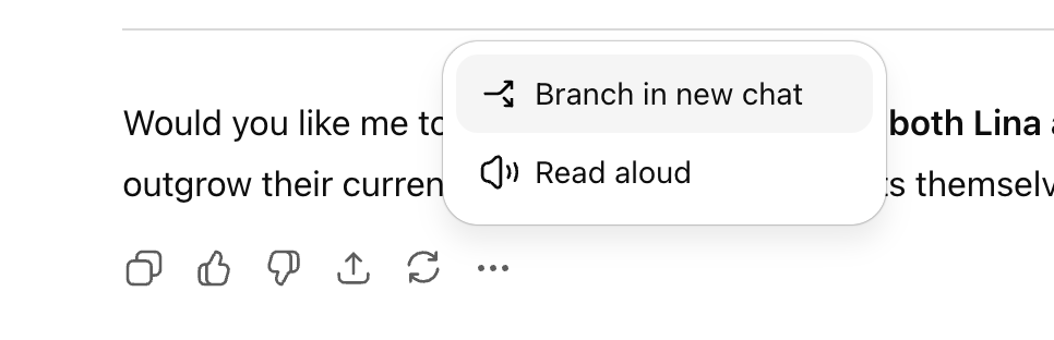 ChatGPT ekran görüntüsü: bir cevabın altındaki üç nokta menüsü açılmış, menüde 'Branch in new chat' ve 'Read aloud' seçenekleri görünüyor