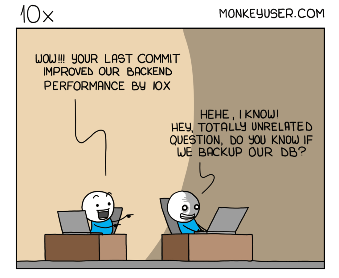 İki kareli karikatür. Bir geliştirici sevinçle 'Vay! Son commit'in arka ucun performansını 10 kat artırdı!' diyor. Diğeri sırıtarak 'Hehe, biliyorum! Bu arada alakasız bir soru: veritabanını yedekliyor muyuz?' diye soruyor.