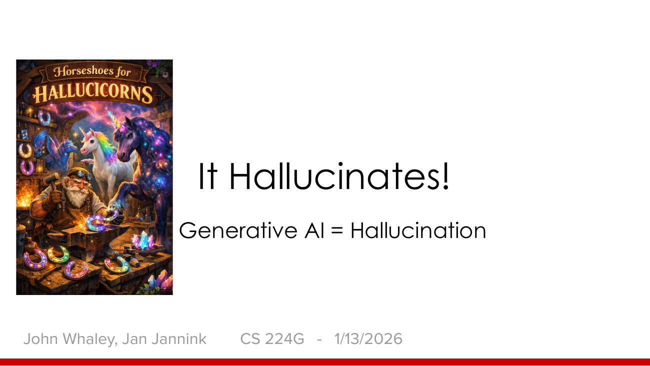 Stanford ders slaytı: solda 'Horseshoes for Hallucicorns' yazılı, tek boynuzlu atlar ve büyücü içeren renkli bir fantastik afiş; sağda 'It Hallucinates! Generative AI = Hallucination' yazısı