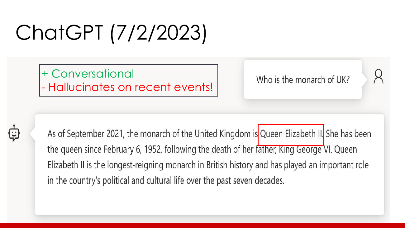 ChatGPT ekran görüntüsü, 2 Temmuz 2023. Soru: Who is the monarch of UK? Cevap: As of September 2021, the monarch of the United Kingdom is Queen Elizabeth II. 'Queen Elizabeth II' kırmızı kutuya alınmış