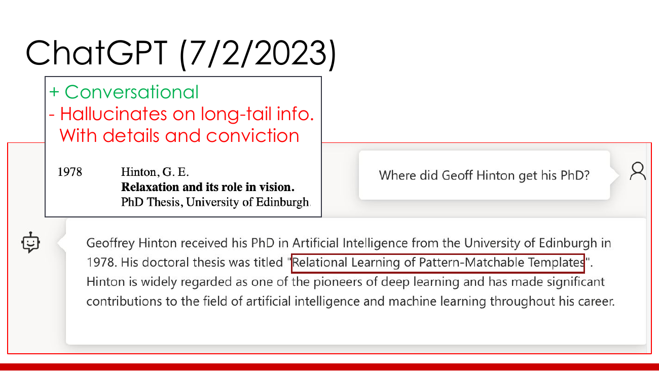 ChatGPT ekran görüntüsü. Soru: Where did Geoff Hinton get his PhD? Cevapta üniversite doğru (Edinburgh) ama tez başlığı kırmızı kutuya alınmış; yanında gerçek tez başlığı gösteriliyor