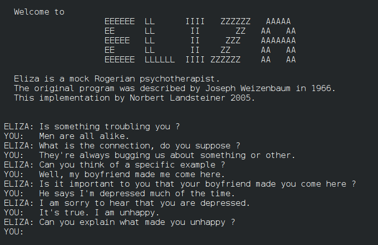 ELIZA programının terminalde bir kullanıcıyla sohbeti