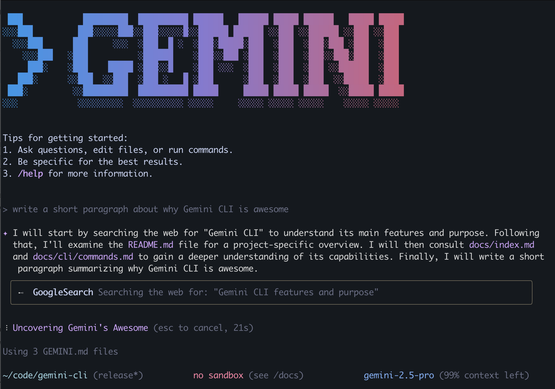 Terminalde Gemini CLI: kullanıcı bir paragraf yazmasını istiyor; ajan önce web'de arama yapacağını, sonra README dosyasını okuyacağını yazıyor ve altta 'GoogleSearch' aracını çağırdığı görülüyor