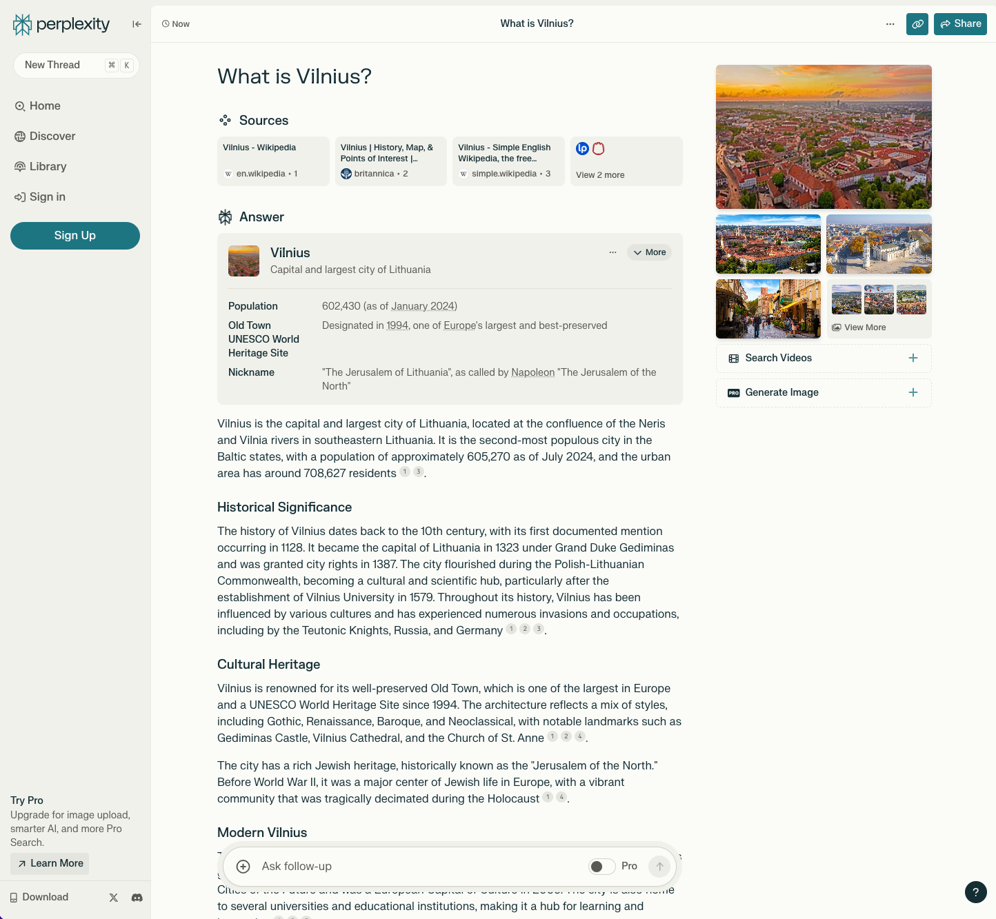 Perplexity ekran görüntüsü: 'What is Vilnius?' sorusunun altında önce kaynak kutucukları (Wikipedia vb.), sonra kaynak numaralarıyla işaretlenmiş cevap metni ve yanda fotoğraflar