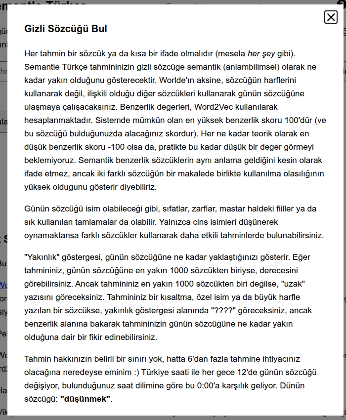 Semantle Türkçe sitesinin açılış ekranı: 'Gizli Sözcüğü Bul' başlıklı kural açıklaması; tahminlerin gizli sözcüğe anlamca yakınlığının Word2Vec ile hesaplandığı yazıyor