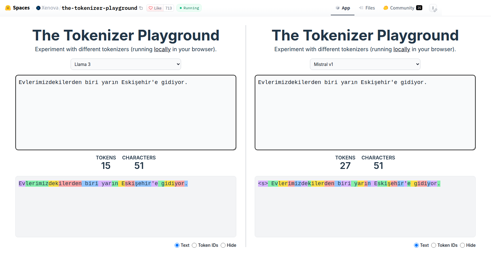 Hugging Face Spaces'te Xenova/the-tokenizer-playground sayfası, iki panel yan yana. Solda menüde Llama 3 seçili: 'Evlerimizdekilerden biri yarın Eskişehir'e gidiyor.' cümlesi TOKENS 15, CHARACTERS 51; altta cümle 15 renkli parçaya bölünmüş. Sağda menüde Mistral v1 seçili: aynı cümle TOKENS 27, CHARACTERS 51; başta özel bir s işareti, parçalar çoğunlukla iki üç harflik