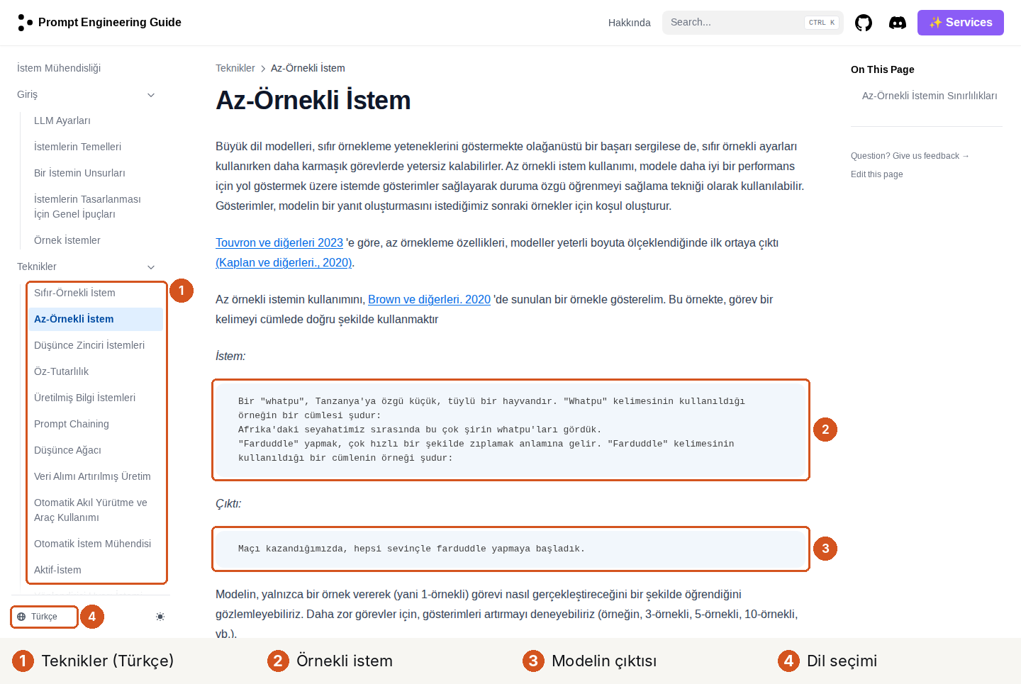 Prompt Engineering Guide Türkçe Az-Örnekli İstem sayfası: 1 Türkçe teknik listesi, 2 örnekli istem, 3 modelin çıktısı, 4 dil seçimi