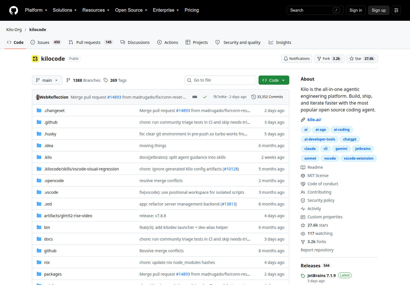 GitHub'da Kilo-Org/kilocode deposu, oturum açılmamış görünüm. Sağ üstte Star 27.6k ve Fork 3.2k; sağdaki About kutusunda 'Kilo is the all-in-one agentic engineering platform' açıklaması, kilo.ai bağlantısı, MIT license ve 27.6k stars; ortada klasör listesi, son commit 2 gün önce, 33.352 commit.