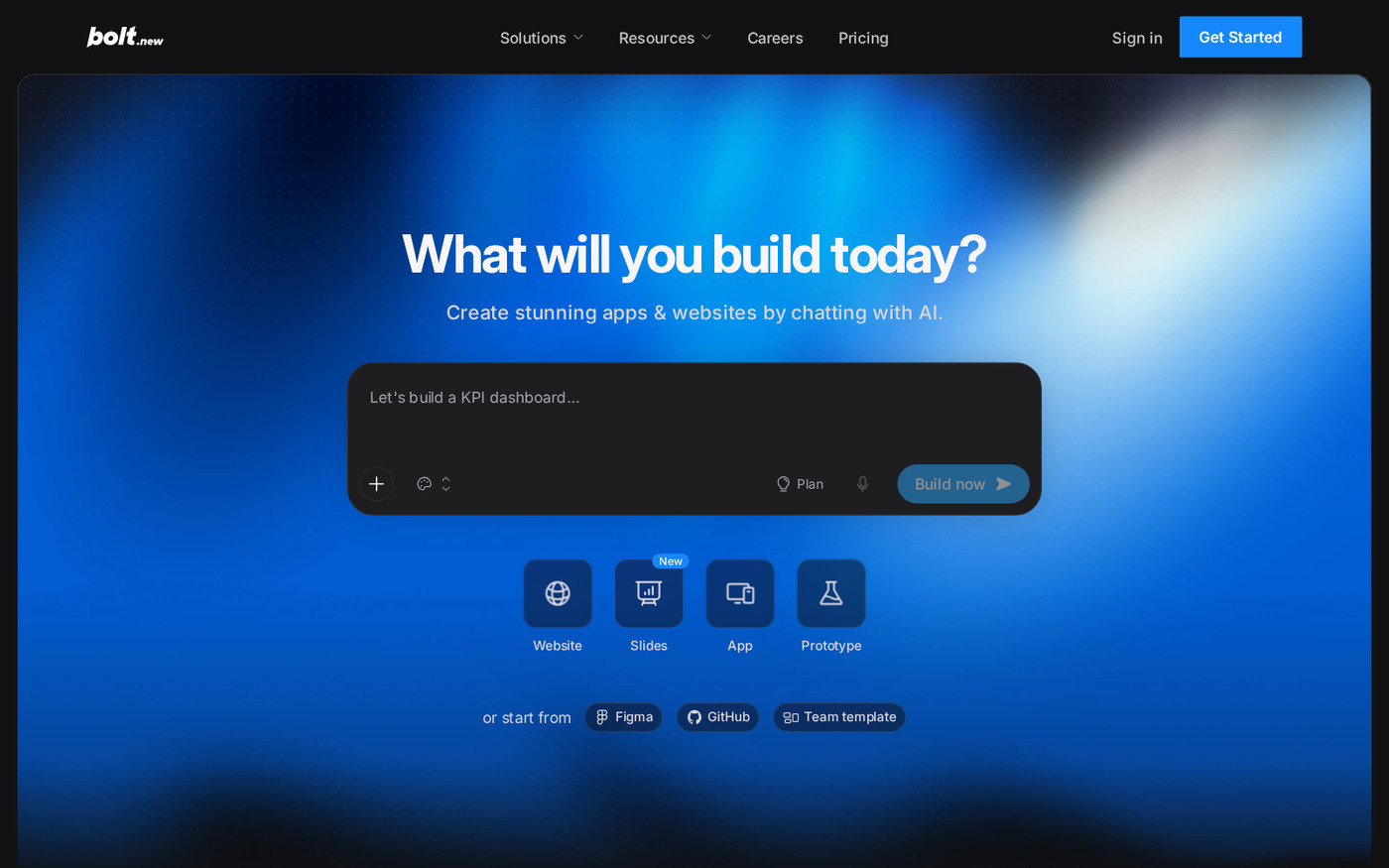 Bolt.new ana sayfası: ortada 'What will you build today?' başlıklı büyük bir yazı kutusu