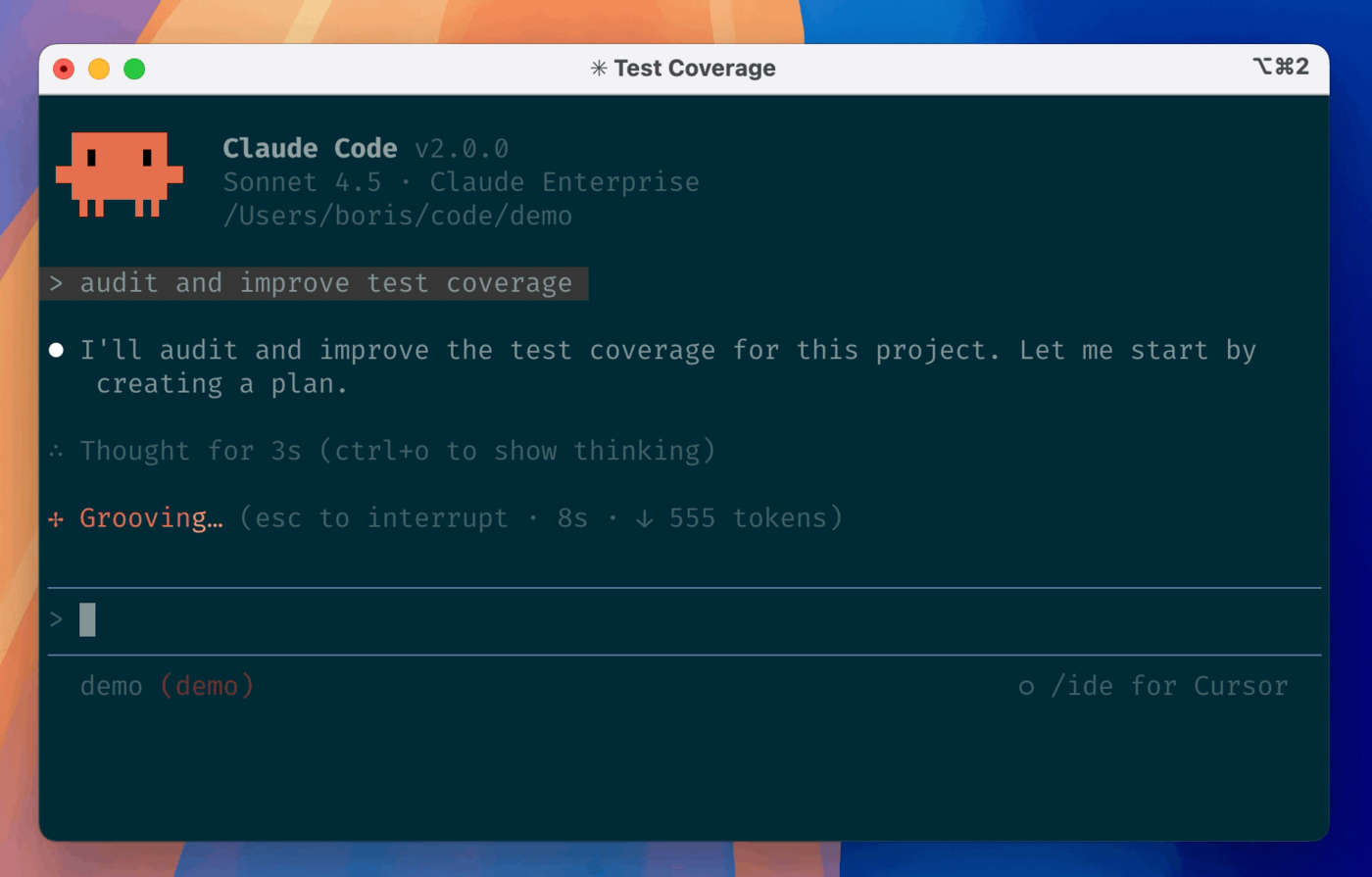 Koyu renkli bir terminal penceresinde Claude Code: kullanıcı 'audit and improve test coverage' yazmış, ajan 'önce bir plan oluşturarak başlayacağım' diye cevap veriyor