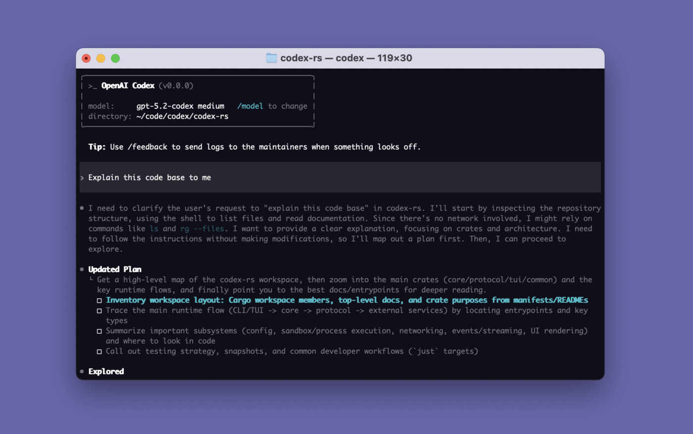Mor arka plan üzerinde bir terminal penceresi: OpenAI Codex, kullanıcının 'bu kod tabanını açıkla' isteğine bir plan listesiyle cevap veriyor