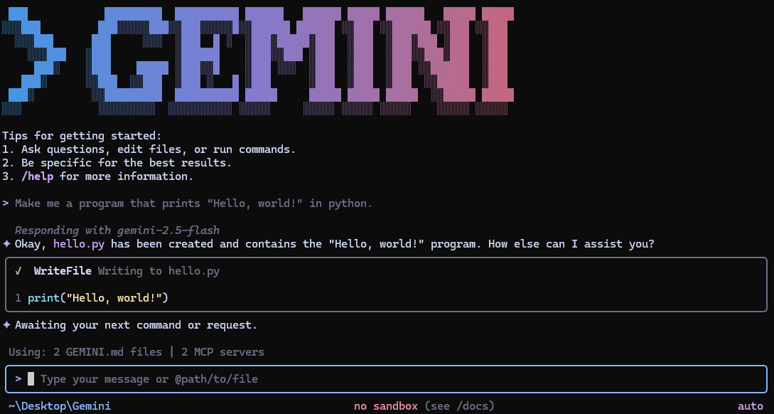 Siyah terminalde büyük renkli GEMINI yazısı; altında 'Python'da merhaba dünya yazan bir program yap' isteği ve hello.py dosyasının oluşturulduğu