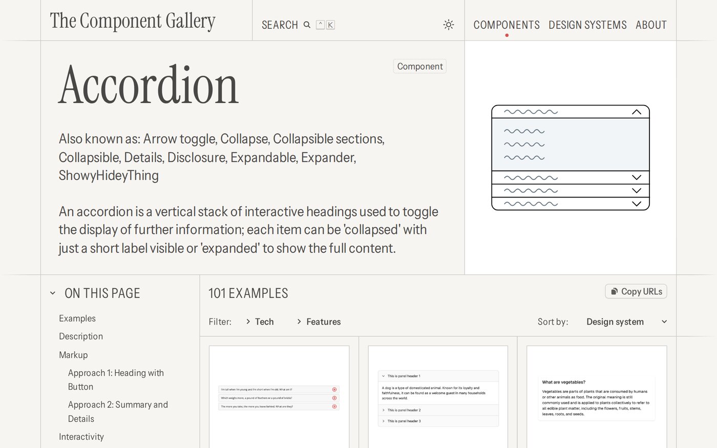 Component Gallery sitesinde Accordion sayfası: diğer adları ve tanımı