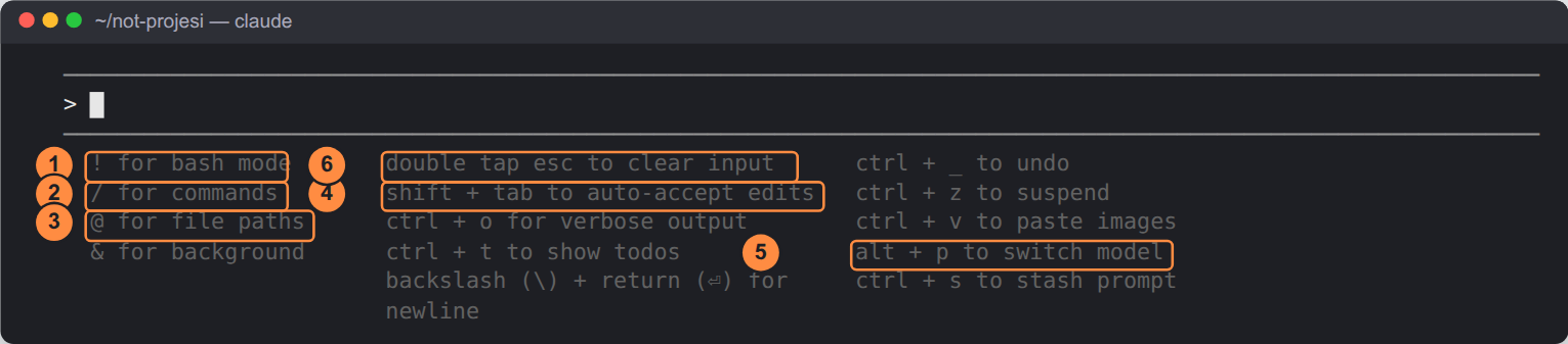 Kısayol listesi, numaralı çerçevelerle. 1: '! for bash mode'. 2: '/ for commands'. 3: '@ for file paths'. 4: 'shift + tab to auto-accept edits'. 5: 'alt + p to switch model'. 6: 'double tap esc to clear input'. Ayrıca: & for background, ctrl + o for verbose output, ctrl + t to show todos, backslash + return for newline, ctrl + _ to undo, ctrl + z to suspend, ctrl + v to paste images, ctrl + s to stash prompt.