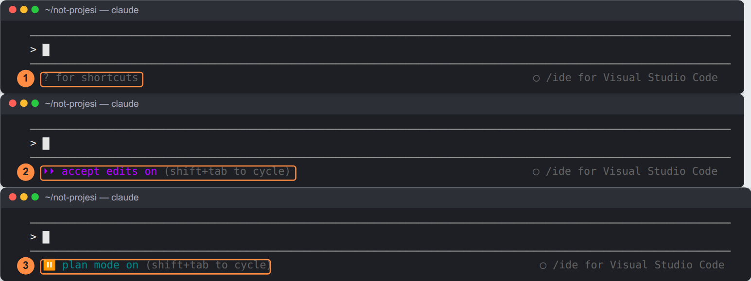 Üç terminal şeridi. 1: alt satırda '? for shortcuts', normal kip. 2: mor '⏵⏵ accept edits on (shift+tab to cycle)'. 3: turkuaz '⏸ plan mode on (shift+tab to cycle)'.