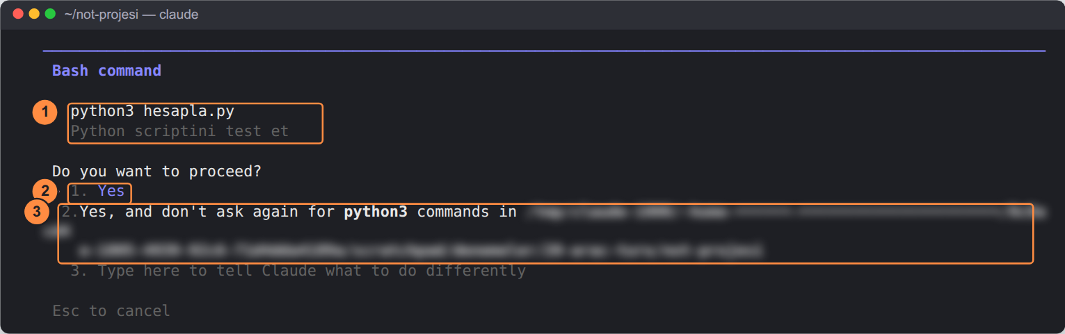 Bash command. 1: 'python3 hesapla.py' ve altında açıklama 'Python scriptini test et'. Do you want to proceed? 2: '1. Yes'. 3: '2. Yes, and don't ask again for python3 commands in' ve bulanıklaştırılmış klasör yolu. 3. Type here to tell Claude what to do differently. Esc to cancel.