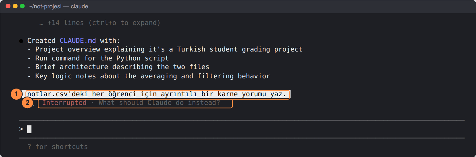 Terminal. Üstte /init'in özeti: Created CLAUDE.md with: proje özeti, çalıştırma komutu, mimari, temel mantık. 1: kullanıcının isteği 'notlar.csv'deki her öğrenci için ayrıntılı bir karne yorumu yaz.' 2: altında kırmızı 'Interrupted · What should Claude do instead?'. Altta boş istek kutusu.