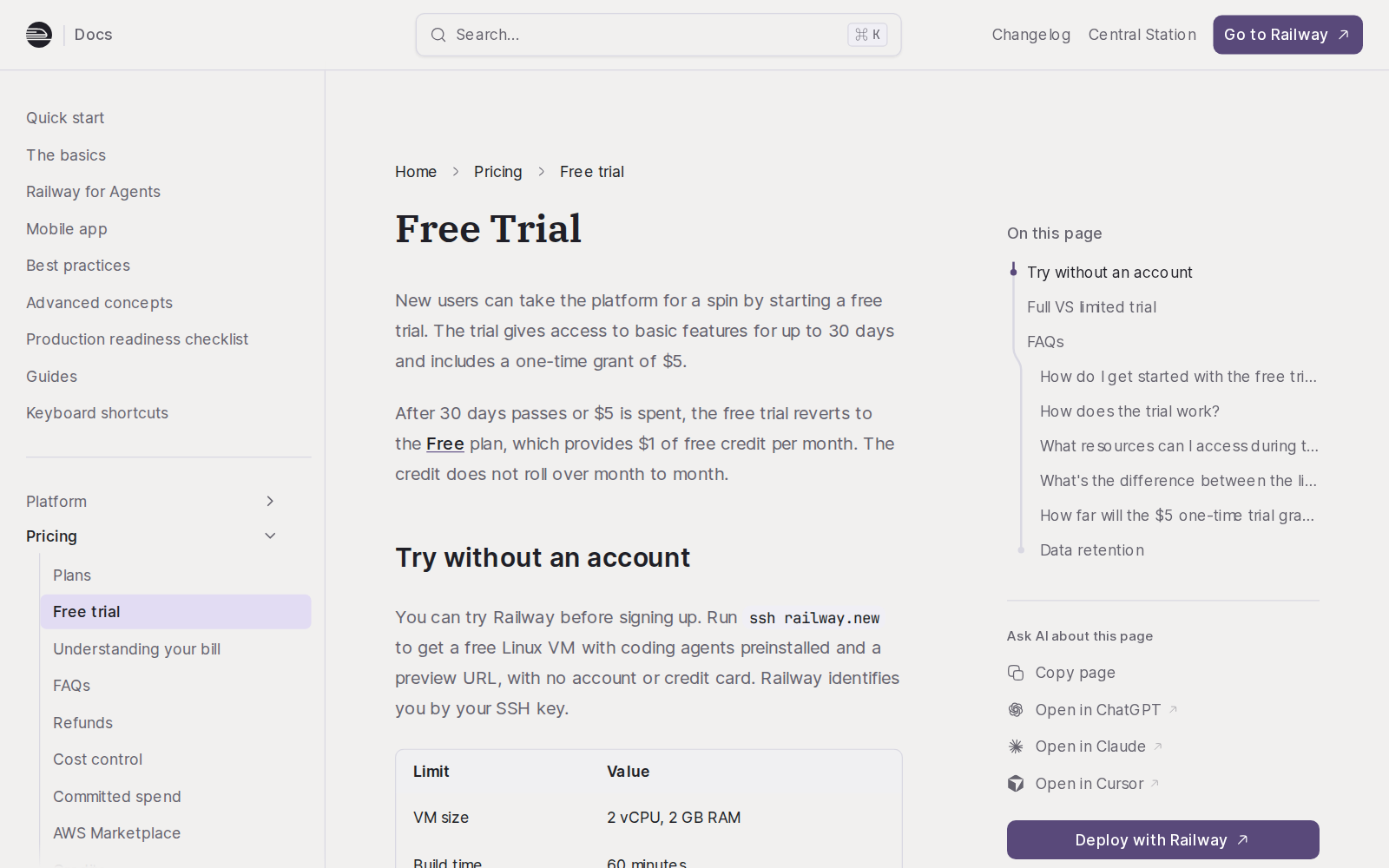 Railway belgelerindeki Free Trial sayfası. New users can take the platform for a spin by starting a free trial. The trial gives access to basic features for up to 30 days and includes a one-time grant of $5. After 30 days passes or $5 is spent, the free trial reverts to the Free plan, which provides $1 of free credit per month. The credit does not roll over month to month. Altında Try without an account bölümü ve deneme sınırları tablosu.