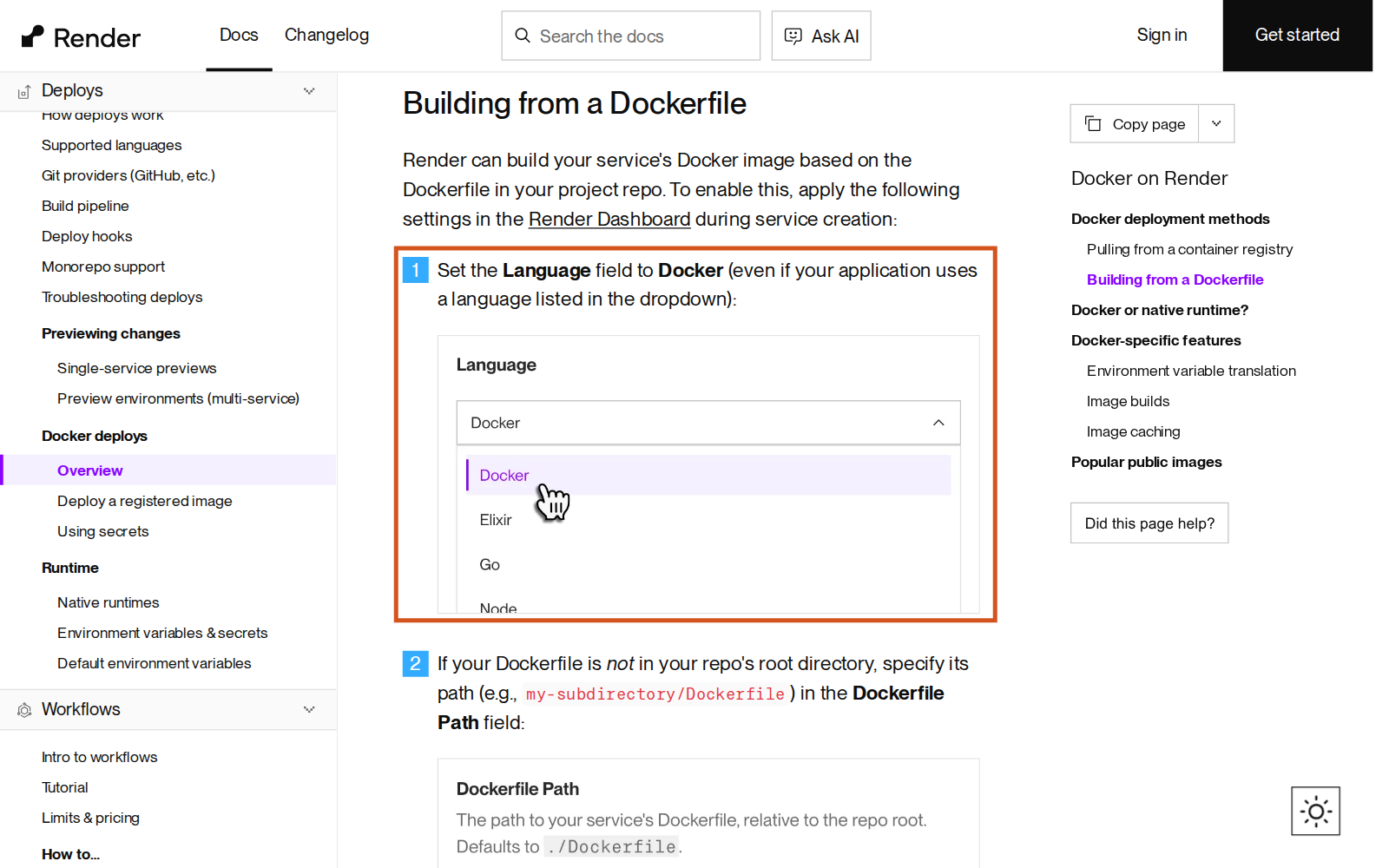 Render belgelerindeki Building from a Dockerfile sayfası. Turuncu çerçevede 1. adım: Set the Language field to Docker; altında açılır listede Docker seçeneği seçili (Elixir, Go, Node diğer seçenekler). 2. adım: Dockerfile depo kökünde değilse yolunu Dockerfile Path alanına yazın.