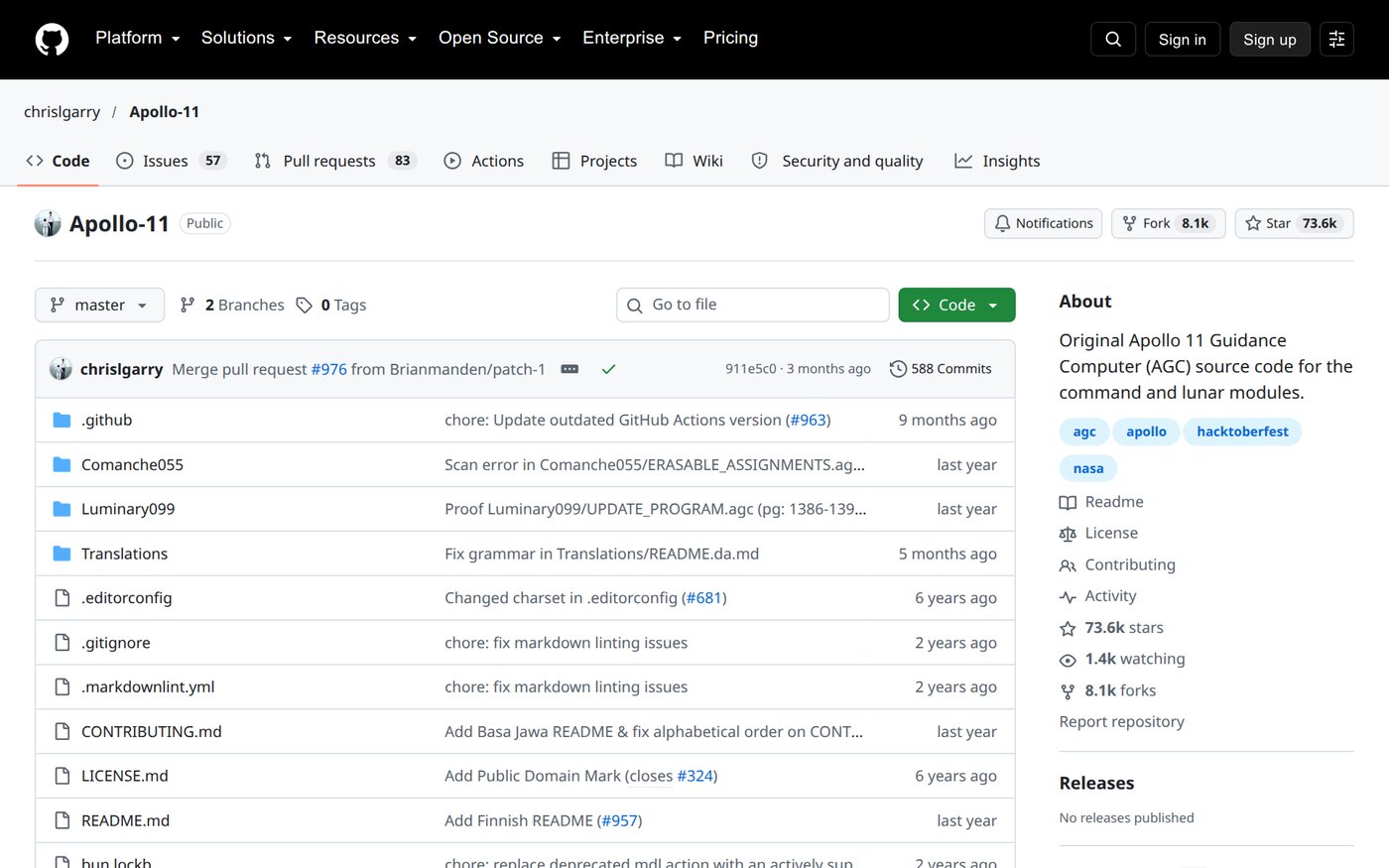 GitHub'da chrislgarry/Apollo-11 deposunun sayfası: dosya listesi, son commit'ler, sağda açıklama, 73,6 bin yıldız ve 8,1 bin çatal