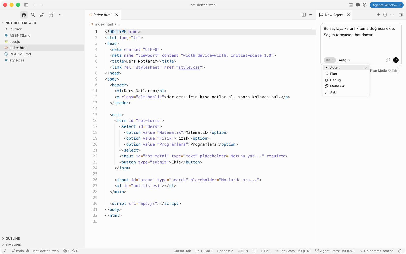 Cursor sohbet kutusunun mod menüsü açık: Agent, Plan, Debug, Multitask, Ask.