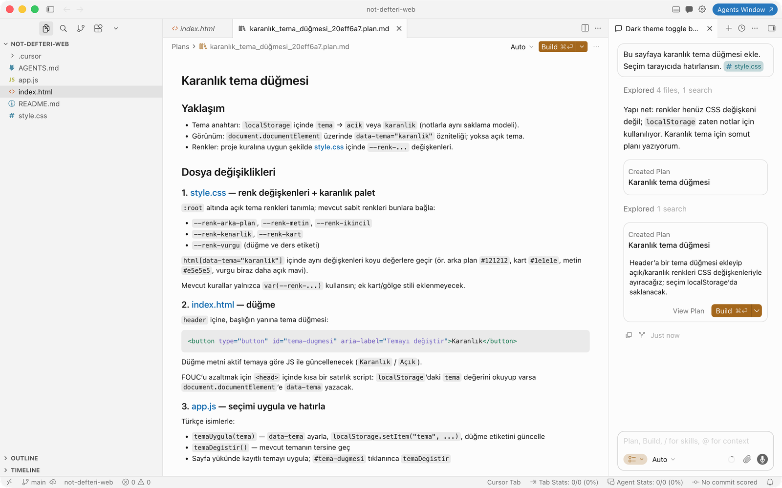 Cursor Plan modu: sağ panelde 'karanlık tema düğmesi' için yazılmış plan dosyası; adımlar, değişecek dosyalar ve Build düğmesi.