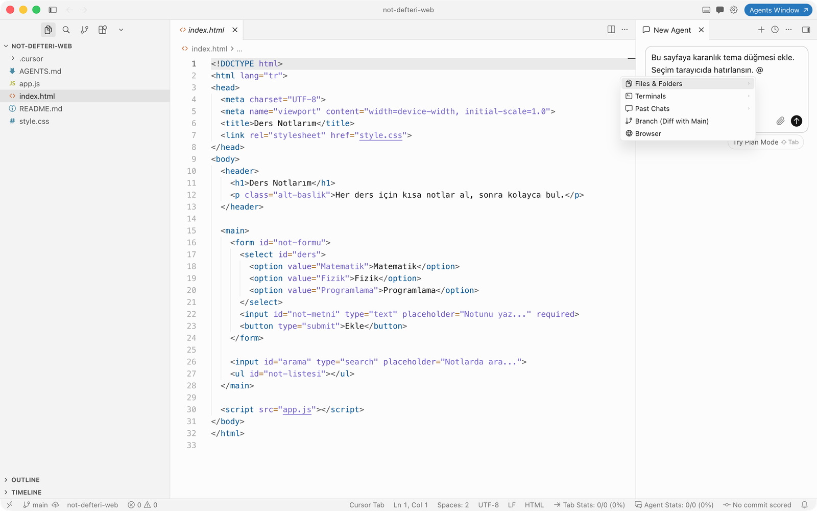 Cursor sohbet kutusunda @ menüsü açık: Files and Folders, Docs, Terminals, Past Chats, Branch (Diff with Main), Browser, Skills, Commit.