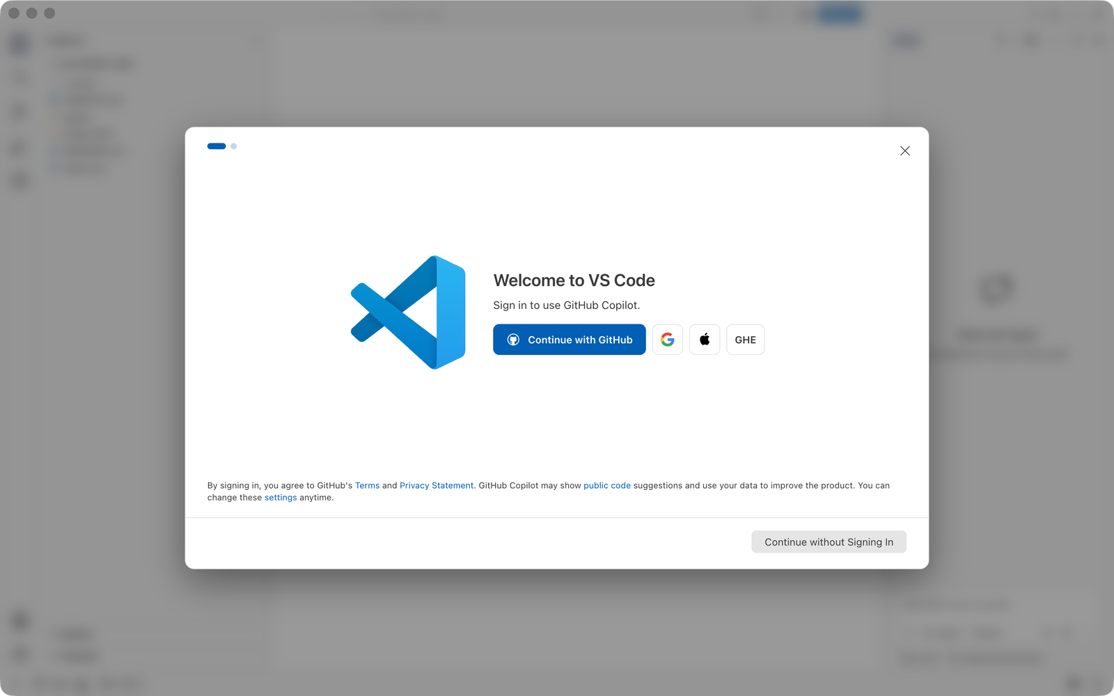 VS Code ilk açılış: sağ panelde 'Sign in to use AI features' yazısı; GitHub, Google, Apple ve GitHub Enterprise ile giriş seçenekleri.