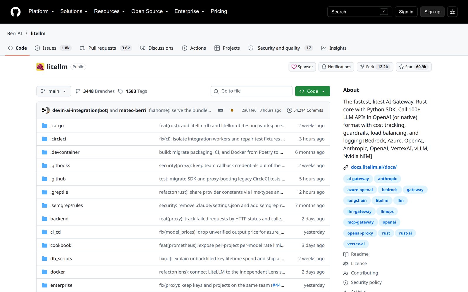 GitHub'da BerriAI/litellm deposunun ana sayfası. Üstte depo adı ve 'Public' etiketi; sağda Fork 12.2k ve Star 60.9k düğmeleri. Sekmelerde Issues 1.8k ve Pull requests 3.6k. Dosya listesinin üstünde 3448 dal, 1583 etiket ve 54.214 commit; son commit 3 saat önce. Sağdaki About kutusunda: 'The fastest, litest AI Gateway. Rust core with Python SDK. Call 100+ LLM APIs in OpenAI (or native) format with cost tracking, guardrails, load balancing, and logging [Bedrock, Azure, OpenAI, Anthropic, OpenAI, VertexAI, vLLM, Nvidia NIM]' ve ai-gateway, anthropic, langchain, llm-gateway, mcp-gateway, openai gibi konu etiketleri.
