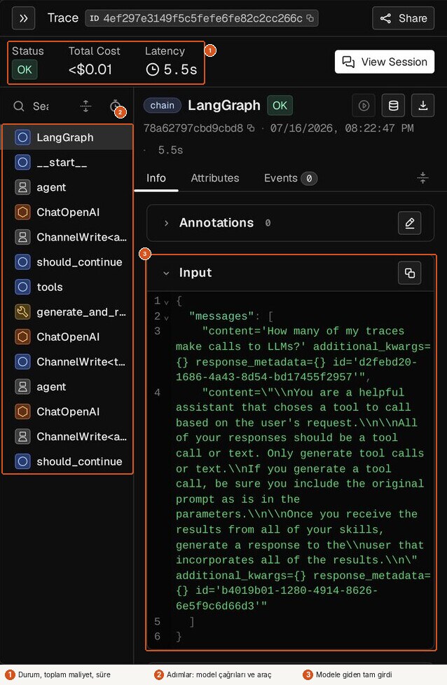 Arize Phoenix'in herkese açık demosunda bir LangGraph ajanının izi, numaralı çerçevelerle. 1: üstte Status OK, Total Cost <$0.01, Latency 5.5s. 2: solda adım (span) ağacı: LangGraph, __start__, agent, ChatOpenAI, should_continue, tools, generate_and_run_sql_query (anahtar simgeli araç adımı), yeniden ChatOpenAI ve agent; toplam 14 adım. 3: sağda seçili adımın Input paneli: kullanıcının 'How many of my traces make calls to LLMs?' sorusu ve 'You are a helpful assistant that choses a tool to call…' diye başlayan sistem prompt'u, JSON biçiminde.