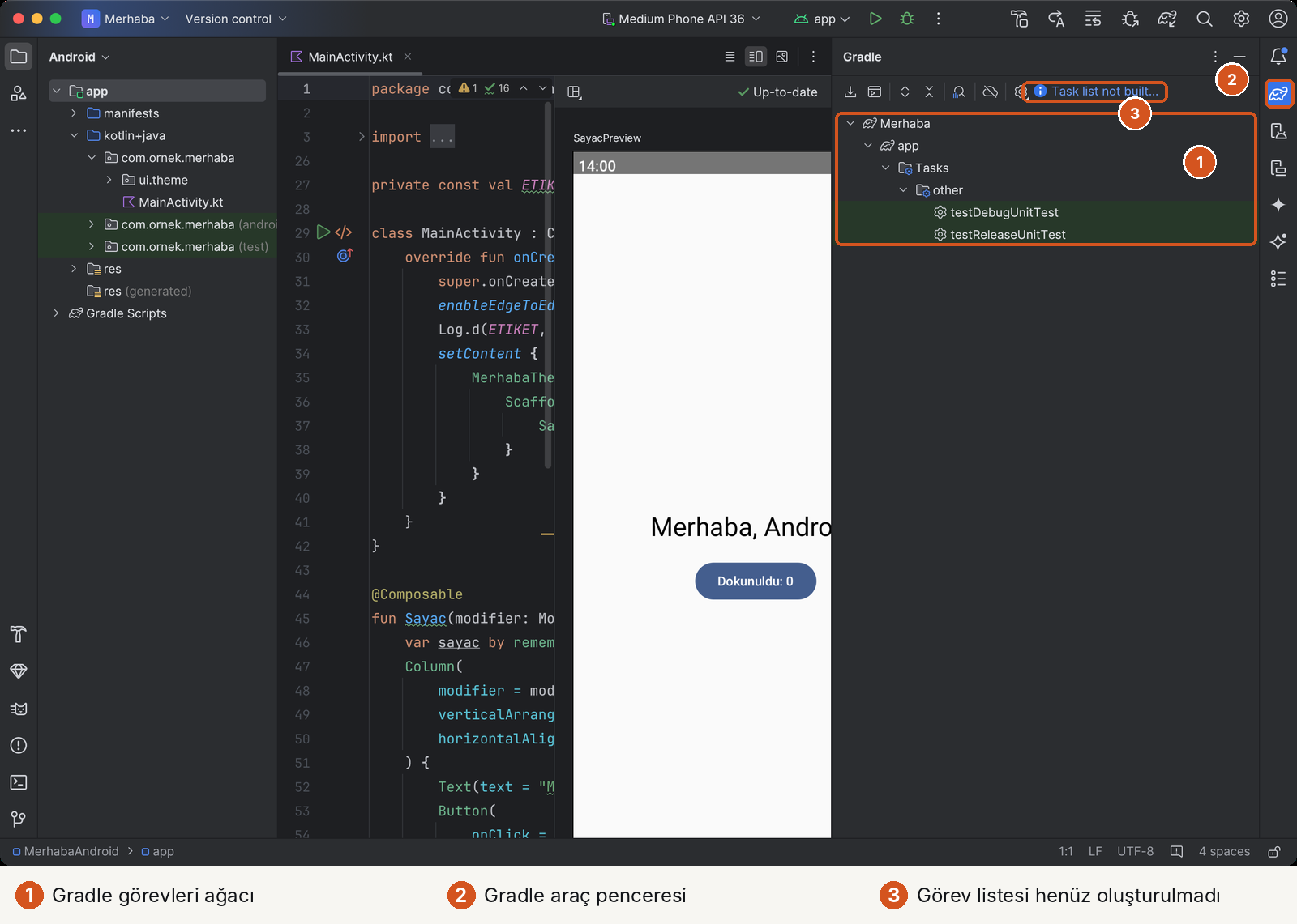 Sağda Gradle araç penceresi açık, üç numaralı işaret. 1: Merhaba › app › Tasks › other altında testDebugUnitTest ve testReleaseUnitTest görevleri. 2: sağ kenardaki fil simgeli Gradle düğmesi. 3: üstte 'Task list not built...' bağlantısı. Ortada MainActivity.kt kodu ve Compose önizlemesinde 'Merhaba, Android!' ile 'Dokunuldu: 0' düğmesi.