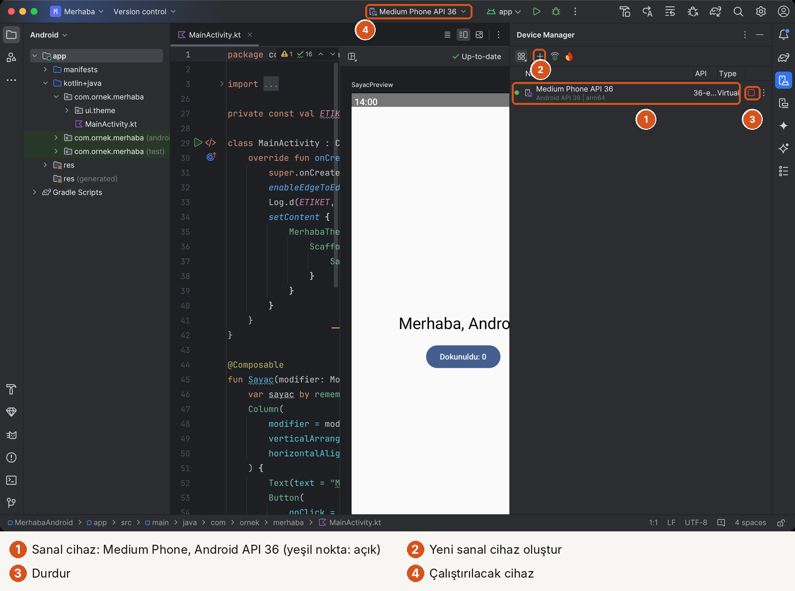 Sağda Device Manager paneli, dört numaralı işaret. 1: listede 'Medium Phone API 36', altında 'Android API 36 | arm64', API 36-ext, Type Virtual; solunda yeşil nokta. 2: üstteki + düğmesi. 3: satırın sonundaki kare Durdur düğmesi. 4: ana araç çubuğunda seçili cihaz Medium Phone API 36.