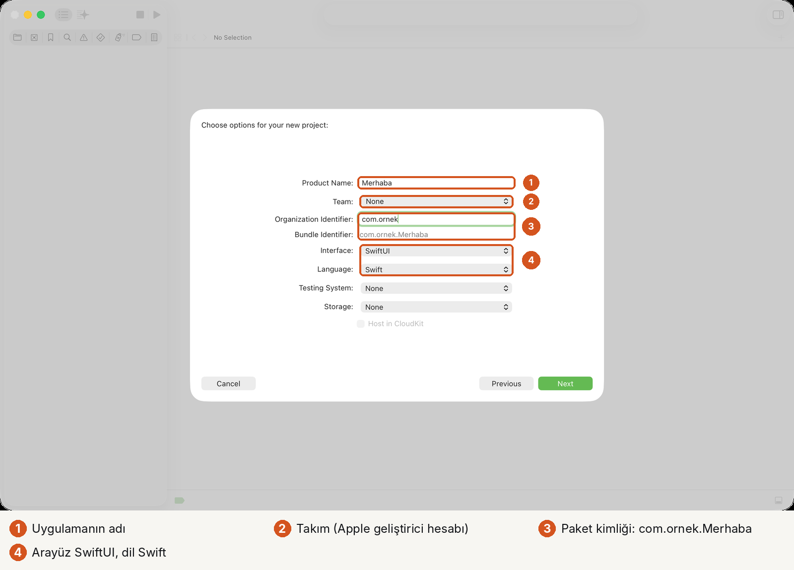 Xcode 'Choose options for your new project' penceresi, dört numaralı işaretle. 1: Product Name alanında Merhaba. 2: Team: None. 3: Organization Identifier com.ornek ve altında gri Bundle Identifier com.ornek.Merhaba. 4: Interface SwiftUI, Language Swift. Altta Testing System: None, Storage: None, Host in CloudKit kutusu boş.