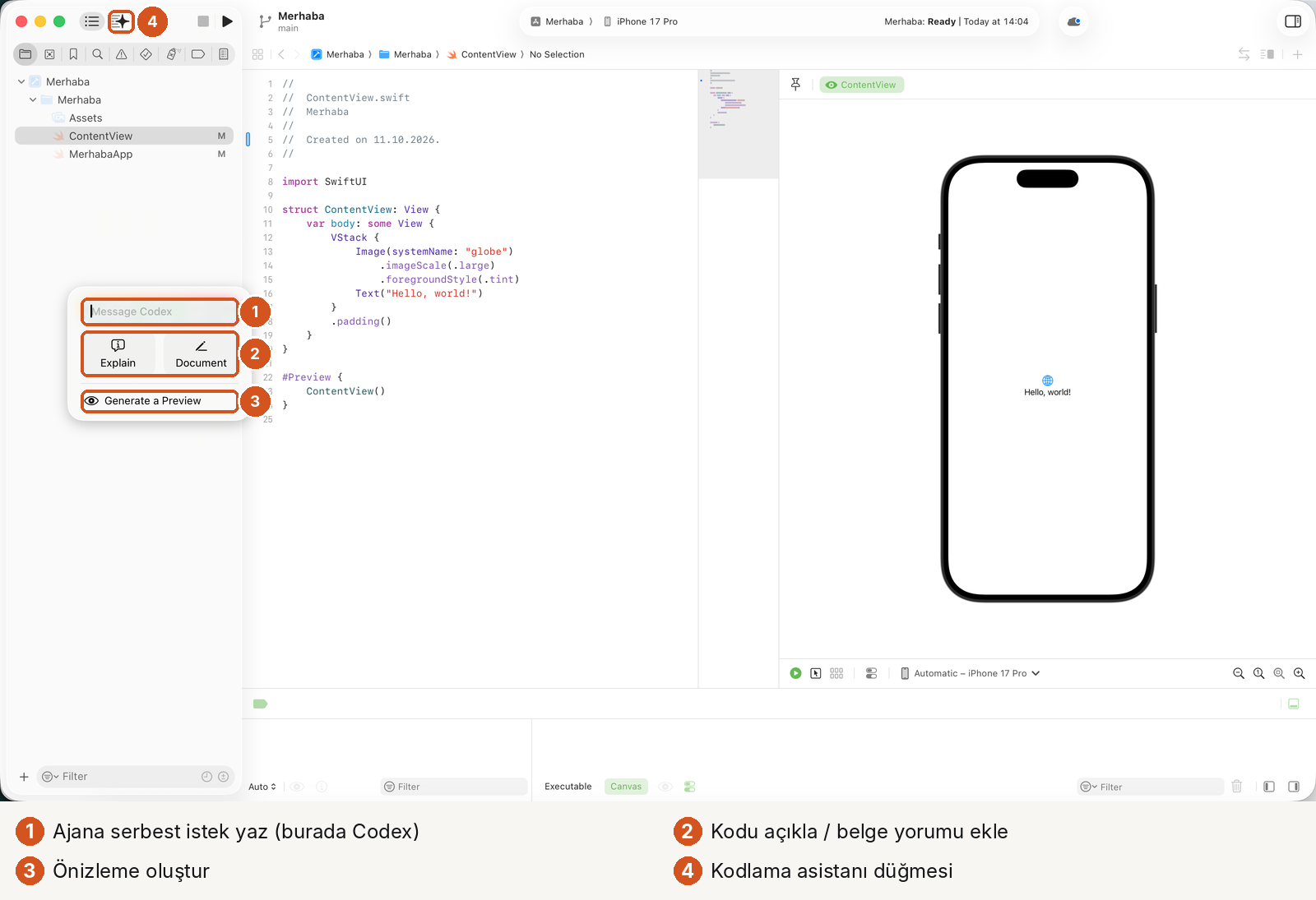 Xcode'da kodlama asistanı açılır penceresi, dört numaralı işaretle. 1: 'Message Codex' yazan istek kutusu. 2: Explain ve Document düğmeleri. 3: Generate a Preview düğmesi. 4: araç çubuğundaki yıldızlı kodlama asistanı düğmesi.