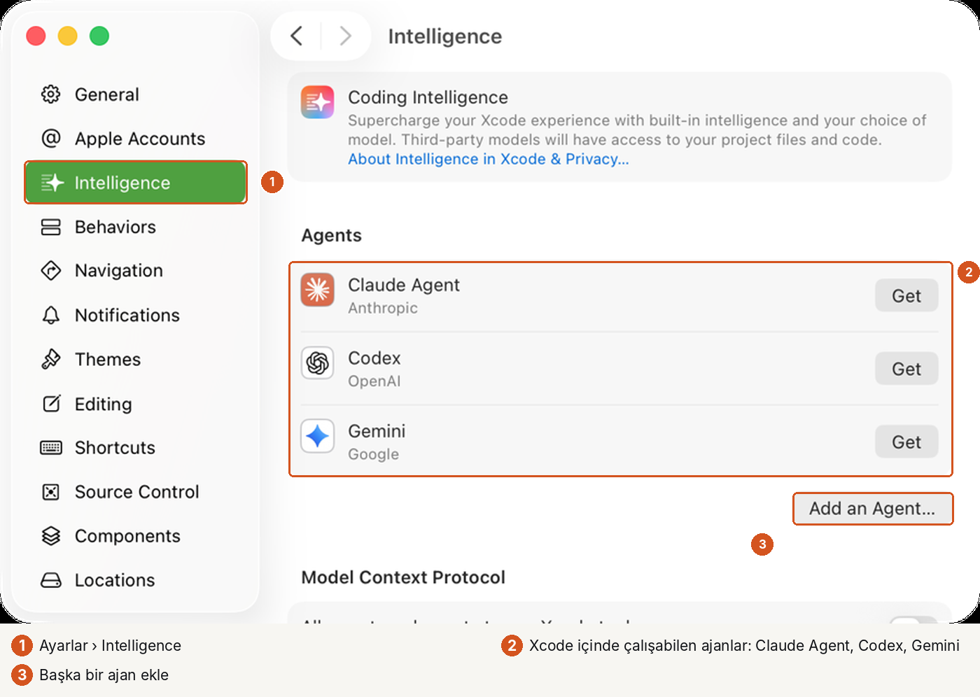 Xcode Settings penceresi, Intelligence sekmesi, üç numaralı işaretle. 1: soldaki listede Intelligence seçili. Üstte Coding Intelligence açıklaması: üçüncü taraf modeller proje dosyalarınıza ve kodunuza erişir. 2: Agents başlığı altında Claude Agent (Anthropic), Codex (OpenAI) ve Gemini (Google), her birinin yanında Get düğmesi. 3: 'Add an Agent…' düğmesi.