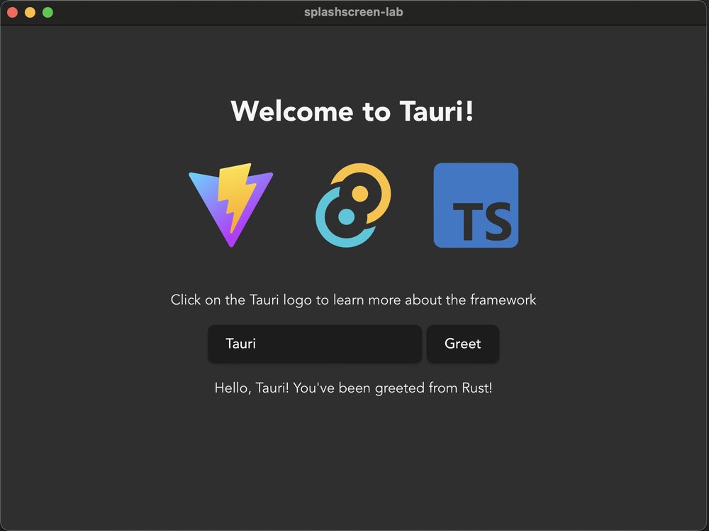 macOS'ta 'Welcome to Tauri!' başlıklı koyu bir pencere: Vite, Tauri ve TypeScript logoları, 'Click on the Tauri logo to learn more about the framework' yazısı, bir metin kutusunda 'Tauri', yanında 'Greet' düğmesi ve altında 'Hello, Tauri! You've been greeted from Rust!' yazısı.