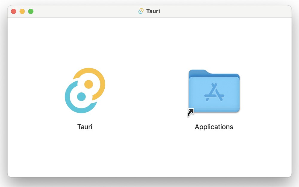 macOS'ta 'Tauri' başlıklı bir disk görüntüsü penceresi: solda Tauri uygulamasının simgesi, sağda Applications klasörünün kısayolu.