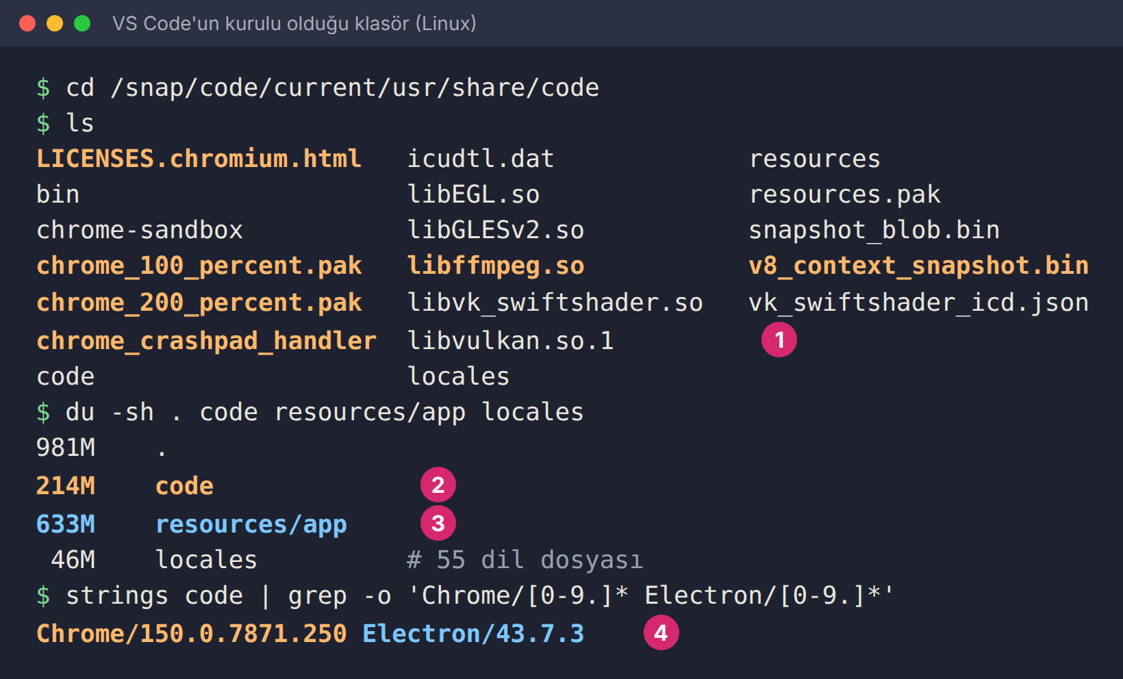 Terminal: VS Code'un kurulu olduğu klasörde ls çıktısı. Turuncuyla işaretli dosyalar: LICENSES.chromium.html, chrome_100_percent.pak, chrome_200_percent.pak, chrome_crashpad_handler, libffmpeg.so, v8_context_snapshot.bin (işaret 1). du -sh çıktısı: klasör toplam 981 MB; code dosyası 214 MB (işaret 2); resources/app 633 MB (işaret 3); locales 46 MB, 55 dil dosyası. strings code komutunun çıktısı: Chrome/150.0.7871.250 Electron/43.7.3 (işaret 4).