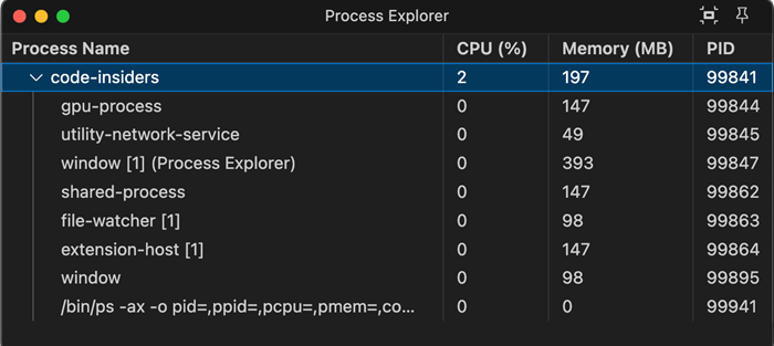 VS Code Process Explorer penceresi: code-insiders ana süreci altında gpu-process, utility-network-service, window (Process Explorer), shared-process, file-watcher, extension-host ve window süreçleri; her birinin CPU, bellek (MB) ve PID değeri.