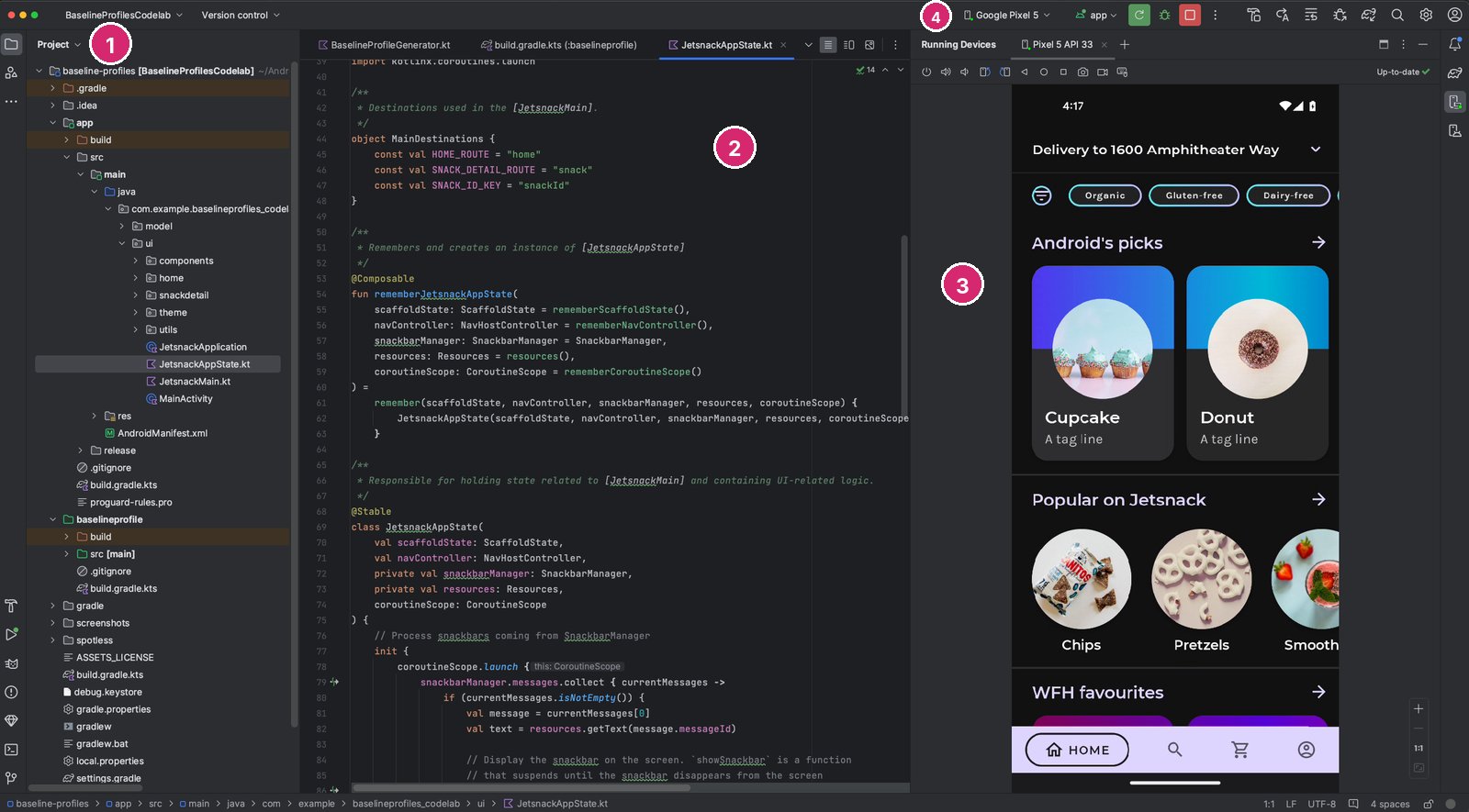 Android Studio penceresi, dört numaralı işaretle. 1: soldaki Project paneli, uygulamanın klasörleri ve Kotlin dosyaları. 2: ortada Kotlin kodu. 3: sağda Running Devices panelinde Pixel 5 emülatöründe çalışan bir yemek siparişi uygulaması. 4: üstte hedef cihaz seçimi (Google Pixel 5) ve çalıştırma düğmeleri.