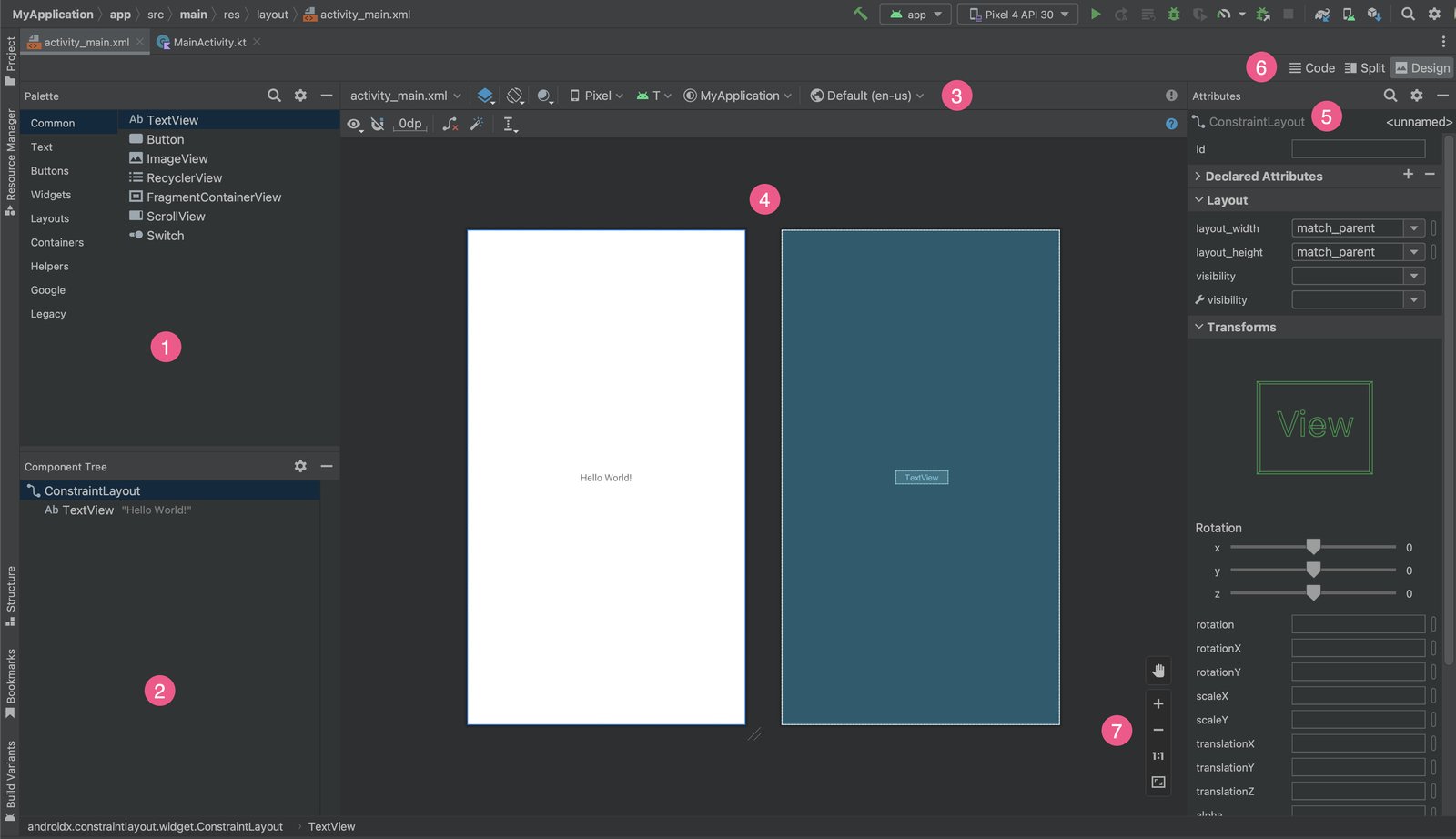 Android Studio Layout Editor, yedi numaralı bölge: 1 Palette (TextView, Button, ImageView gibi öğeler), 2 Component Tree (ConstraintLayout içinde bir TextView), 3 araç çubuğu (cihaz Pixel, tema, dil), 4 tasarım alanı: solda beyaz tasarım görünümü, sağda mavi Blueprint görünümü, ortada Hello World yazısı, 5 Attributes paneli (layout_width, layout_height), 6 Code / Split / Design düğmeleri, 7 yakınlaştırma düğmeleri.