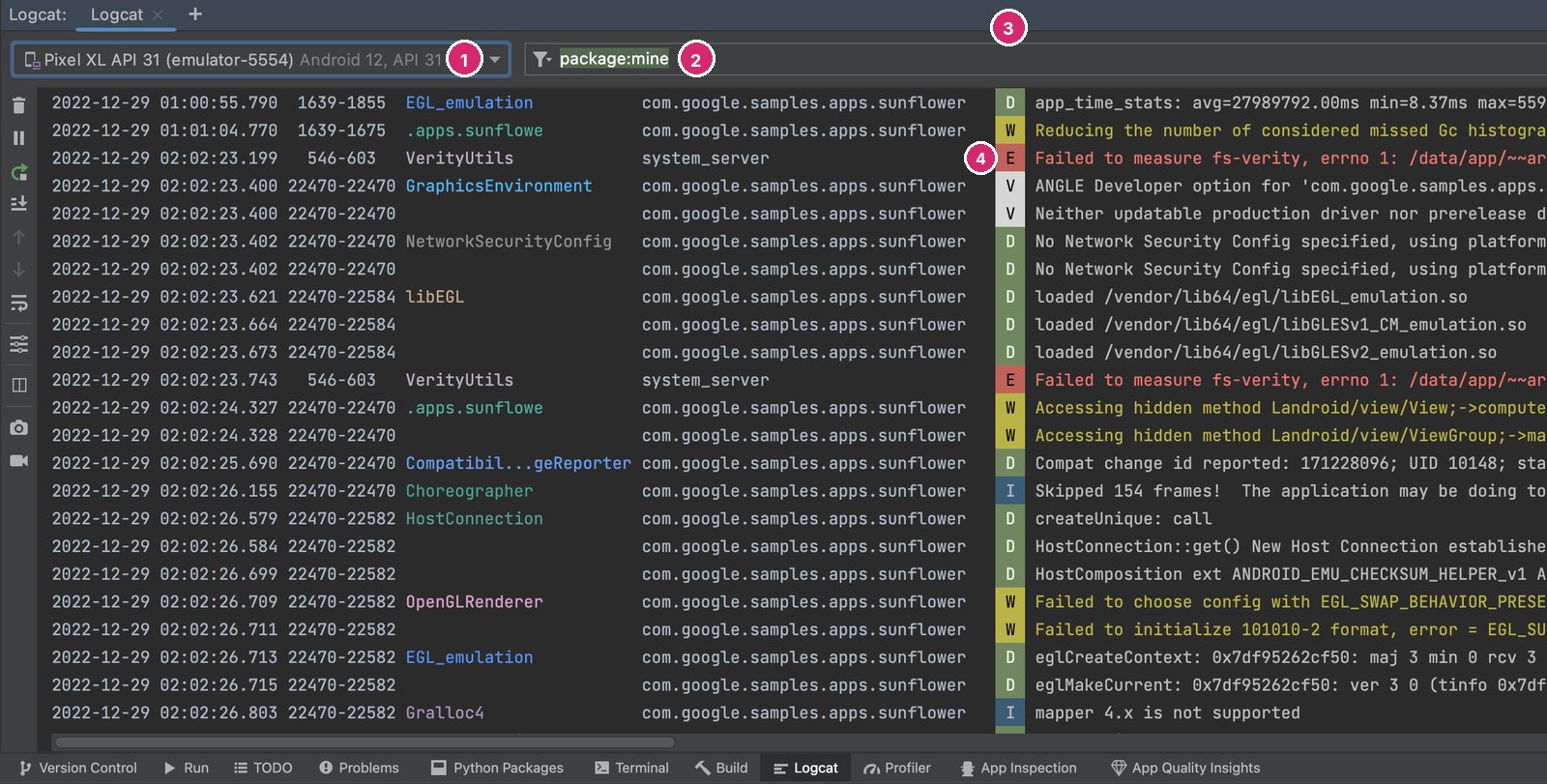 Android Studio Logcat penceresi, dört numaralı işaretle. 1: üstte cihaz seçimi, Pixel XL API 31 emülatörü. 2: filtre kutusunda package:mine. 3: satırlardaki tek harfli seviye sütunu (D, W, E, I, V). 4: kırmızı E satırı, 'Failed to measure fs-verity' hatası. Satırlarda tarih, saat, süreç numarası, etiket ve paket adı görünüyor.