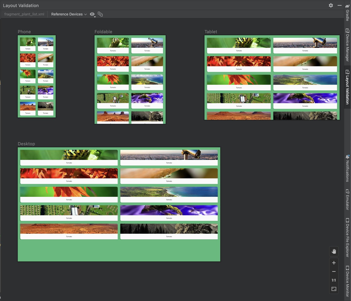 Android Studio Layout Validation paneli: aynı bitki listesi ekranı Phone, Foldable, Tablet ve Desktop başlıkları altında dört farklı boyutta yan yana gösteriliyor; telefonda iki sütun küçük kartlar, masaüstünde geniş kartlar.