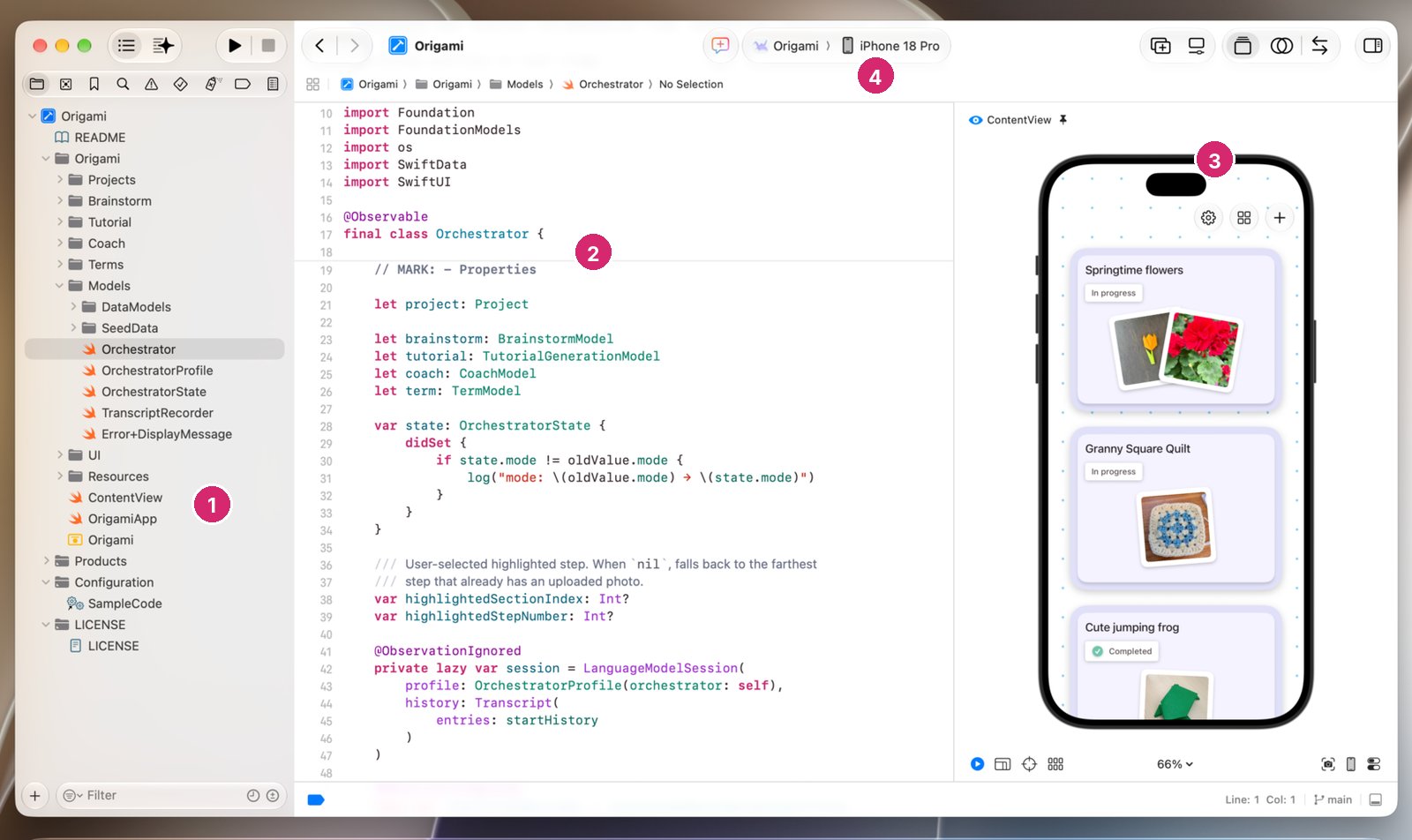 Xcode 27 penceresi, dört numaralı işaretle. 1: solda proje gezgini, Origami projesinin klasörleri ve Swift dosyaları. 2: ortada Swift kodu, Orchestrator sınıfı. 3: sağda SwiftUI önizlemesi, iPhone çerçevesi içinde origami projelerinin kartları. 4: üstte hedef cihaz seçimi, iPhone 18 Pro.