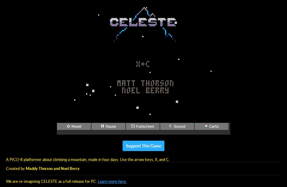 itch.io'da Celeste Classic sayfası: siyah zeminde piksel yazıyla CELESTE başlığı, Matt Thorson ve Noel Berry adları; altta Reset, Pause, Fullscreen, Sound düğmeleri ve sarı yazı: A PICO-8 platformer about climbing a mountain, made in four days.