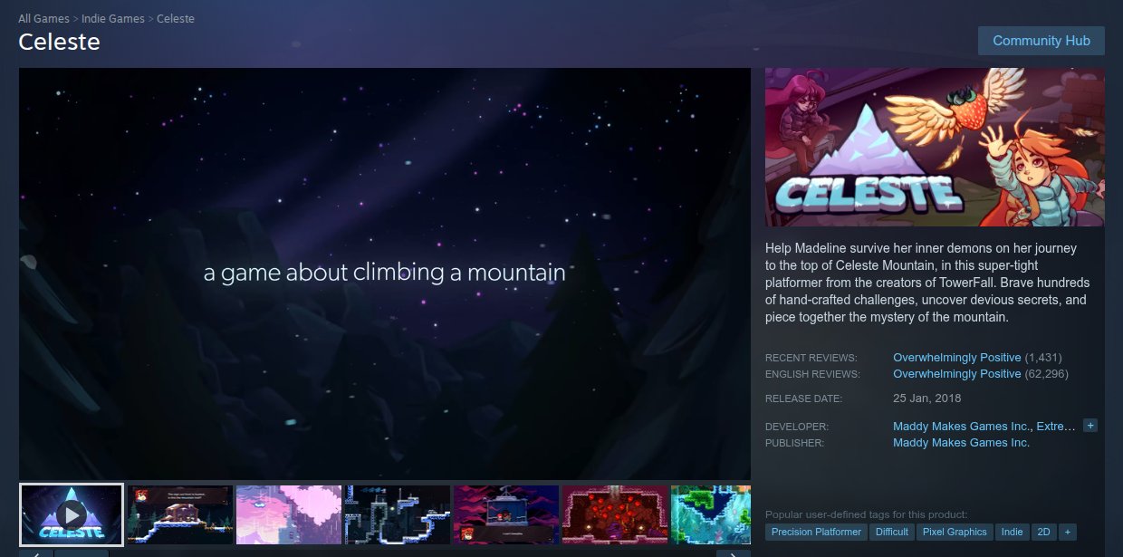 Steam'de Celeste mağaza sayfası: solda büyük fragman alanı ve altında ekran görüntüsü şeridi; sağda Celeste kapak görseli, kısa tanıtım metni, Overwhelmingly Positive inceleme özetleri, çıkış tarihi 25 Ocak 2018, geliştirici ve yayıncı; altta Precision Platformer, Difficult, Pixel Graphics, Indie, 2D etiketleri.