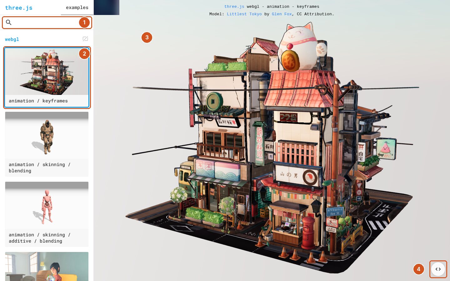 threejs.org/examples sayfası, dört numaralı işaret. Solda 1 arama kutusu; altında webgl başlığı ve örnek kartları: 2 seçili kart 'animation / keyframes', altında 'animation / skinning / blending' ve 'animation / skinning / additive / blending'. Sağda 3 çalışan örnek: Littlest Tokyo adlı minyatür Japon sokak köşesi; tabelalı dükkânlar, kiremitli çatılar, elektrik telleri, trafik konileri ve çatıda el sallayan büyük beyaz kedi heykeli. Üstte 'three.js webgl - animation - keyframes' ve 'Model: Littlest Tokyo by Glen Fox, CC Attribution'. 4 sağ altta kaynak kodunu açan <> düğmesi.
