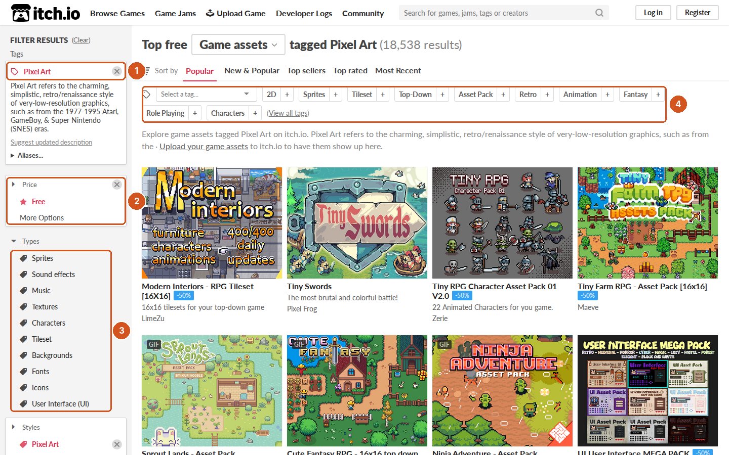 itch.io'da Pixel Art etiketli ücretsiz oyun varlıkları, 18.538 sonuç. 1 Pixel Art etiketi; 2 Price: Free; 3 Types listesi: Sprites, Sound effects, Music, Textures, Characters, Tileset, Backgrounds, Fonts, Icons, User Interface; 4 üstte etiket şeridi: 2D, Sprites, Tileset, Top-Down, Asset Pack, Retro, Animation, Fantasy, Role Playing, Characters. Kartlarda Modern Interiors, Tiny Swords, Tiny RPG Character Asset Pack, Tiny Farm RPG paketleri.