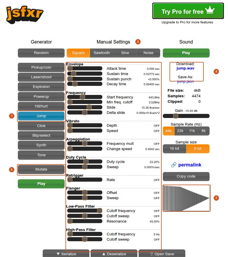 jsfxr arayüzü. 1 solda Generator listesinde Jump düğmesi seçili (diğerleri Pickup/coin, Laser/shoot, Explosion, Powerup, Hit/hurt, Click, Blip/select, Synth, Tone). 2 ortada Manual Settings: Square dalga seçili; zarf (attack, sustain, decay), frekans, vibrato, arpeggio, duty cycle ve filtre kaydırıcıları. 3 sağ altta üretilen sesin dalga biçimi: sönümlenen bir dalga. 4 sağ üstte Download: jump.wav ve Save As: jump.json. 5 solda Mutate düğmesi.
