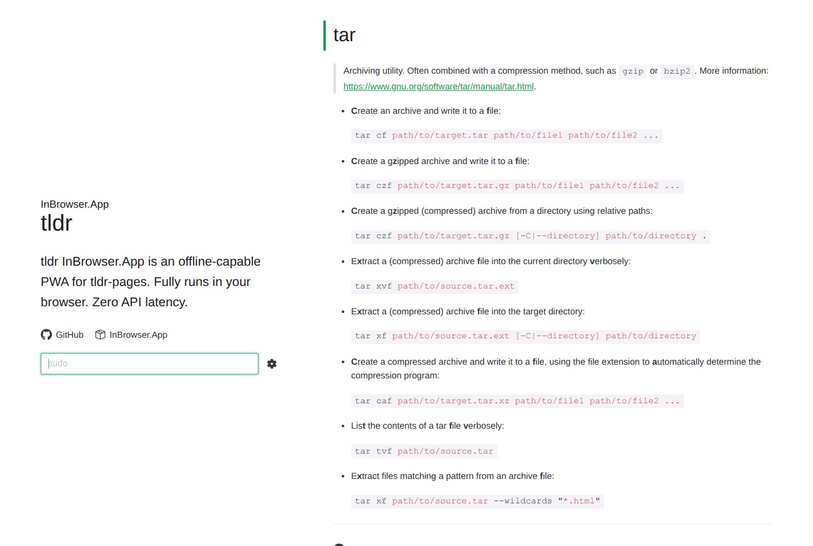 tldr sayfalarının tarayıcı sürümünde tar komutu. Başlıkta tar ve kısa tanım: arşivleme aracı, genellikle gzip ya da bzip2 gibi bir sıkıştırma yöntemiyle kullanılır. Altında madde madde örnekler: bir arşiv oluşturmak (tar cf hedef.tar dosya1 dosya2), gzip ile sıkıştırılmış arşiv oluşturmak (tar czf), bir arşivi bulunduğun klasöre açmak (tar xvf kaynak.tar.ext), hedef klasöre açmak, içeriği listelemek (tar tvf).